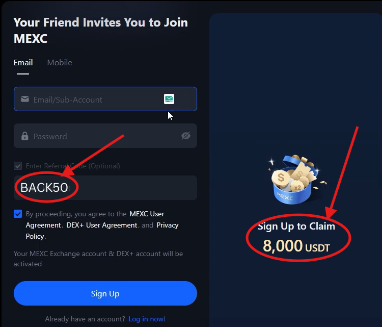 MEXC Exchange Invite Code “BACK50” – 10% Trading Fee Discount + 8,000 USDT Bonus​